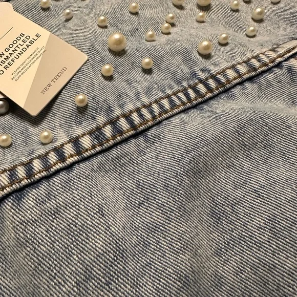 Women's Denim Jacket with Pearl Accents - Picture 5 of 5